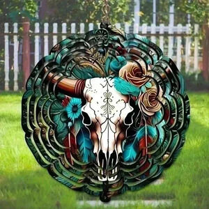 8 inch Turquoise  and cow skull western cottagecor indoor/outside wind spinner 2